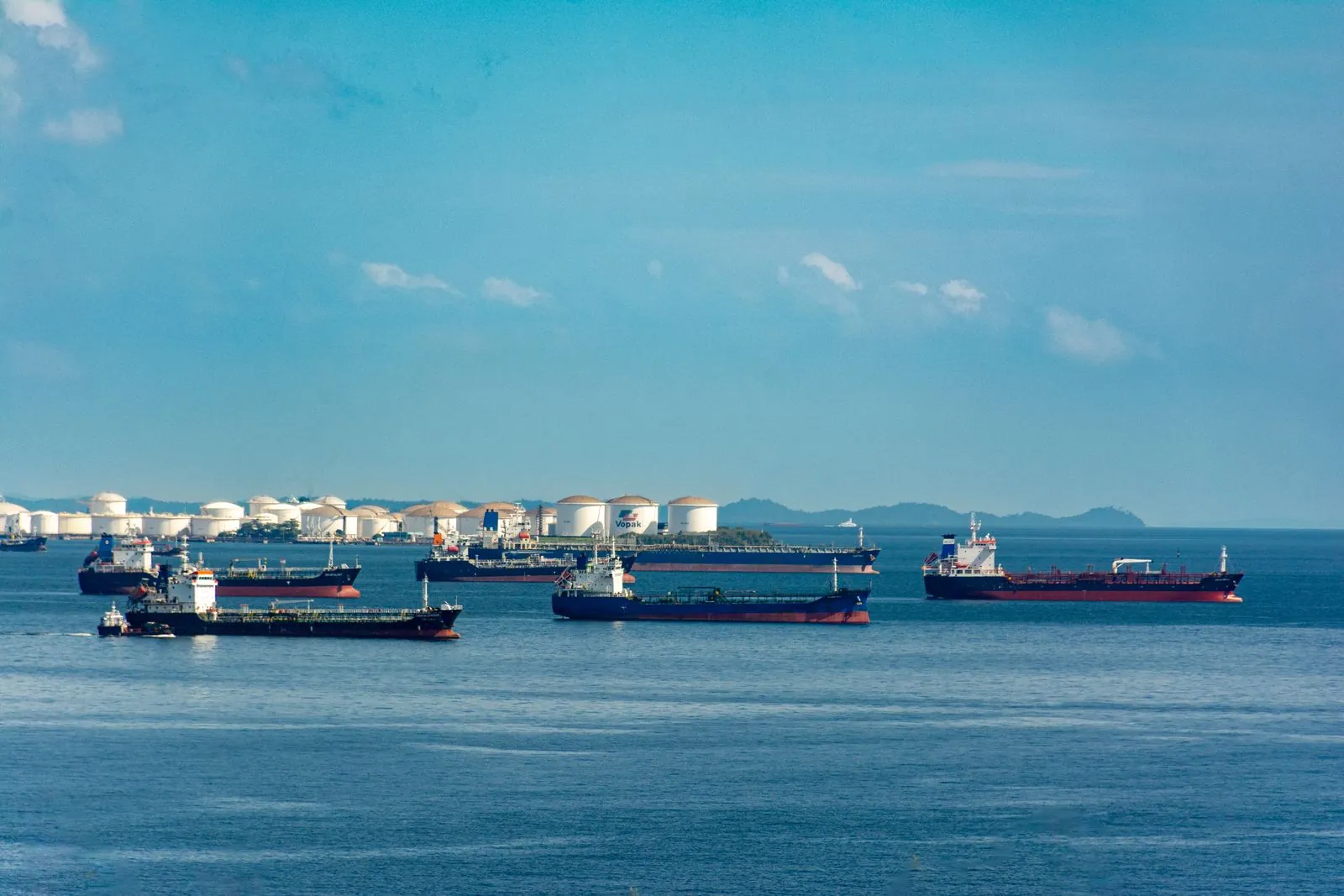 Tankers lying at anchorage off a coastal oil terminal